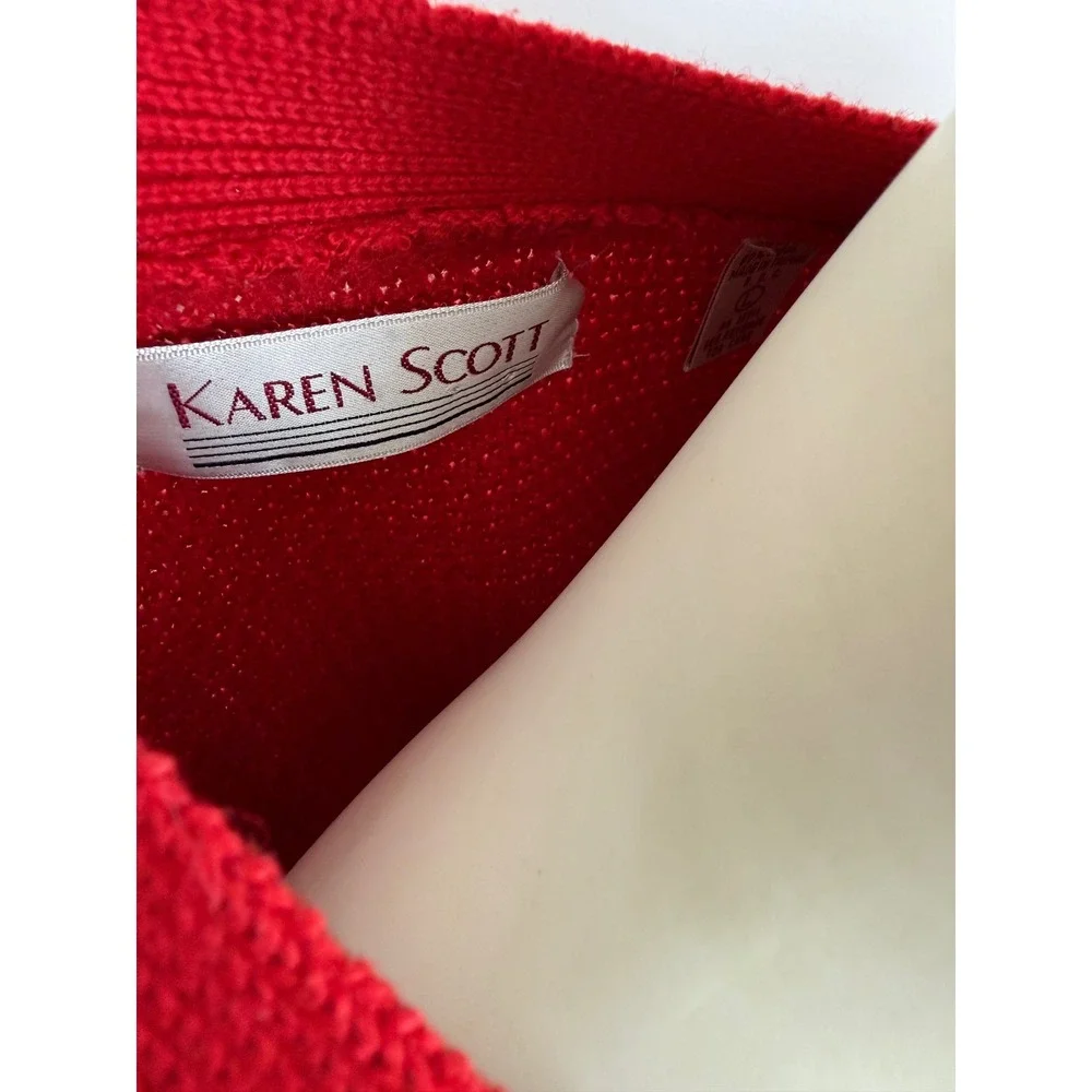 Karen Scott Vintage Red Knit Large Cardigan Sweater Silver Buttons Wool Blend
